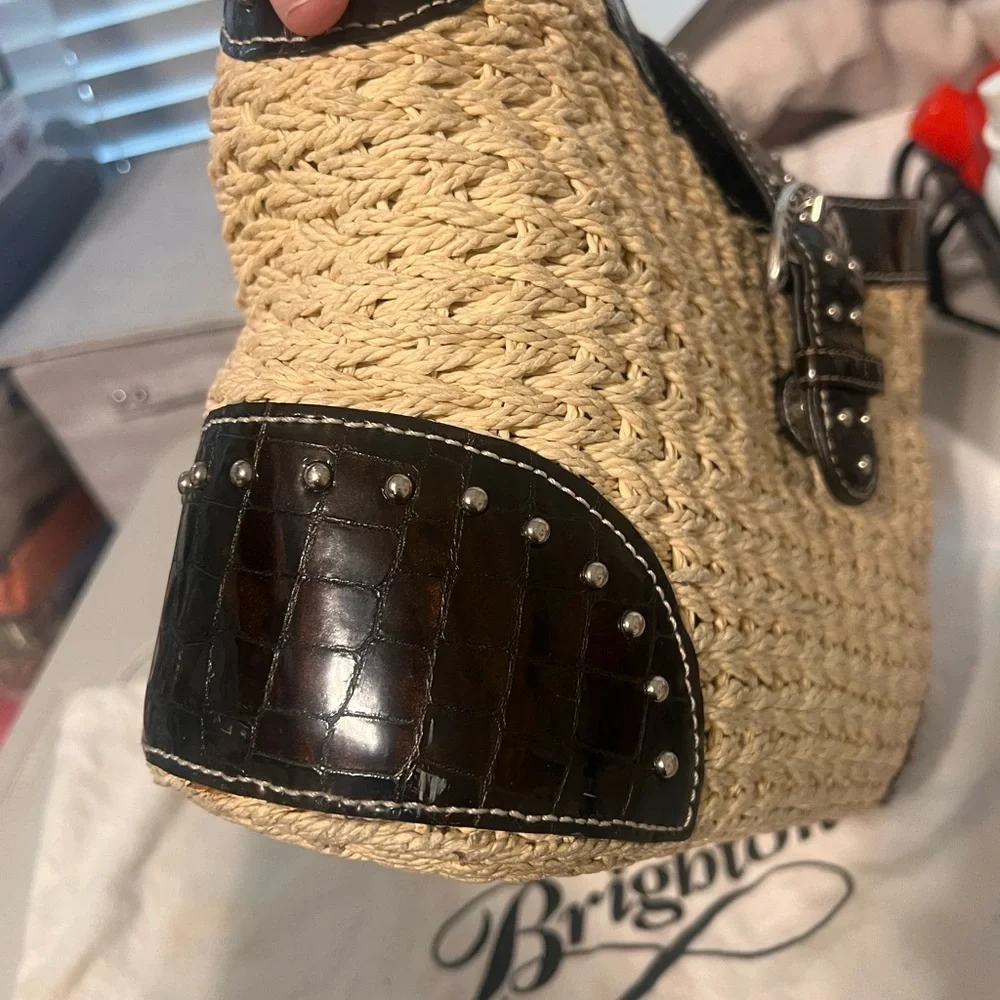Brighton Raffia and Croc Embossed Studded Shoulder Bag